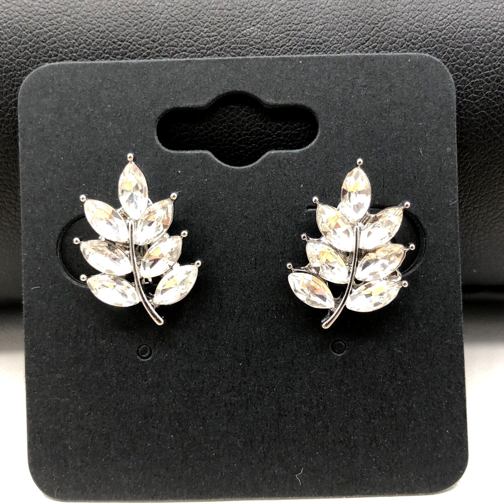 Rhinestone Clip On Earrings Crystal‎ Leaf Leaves Silver Tone